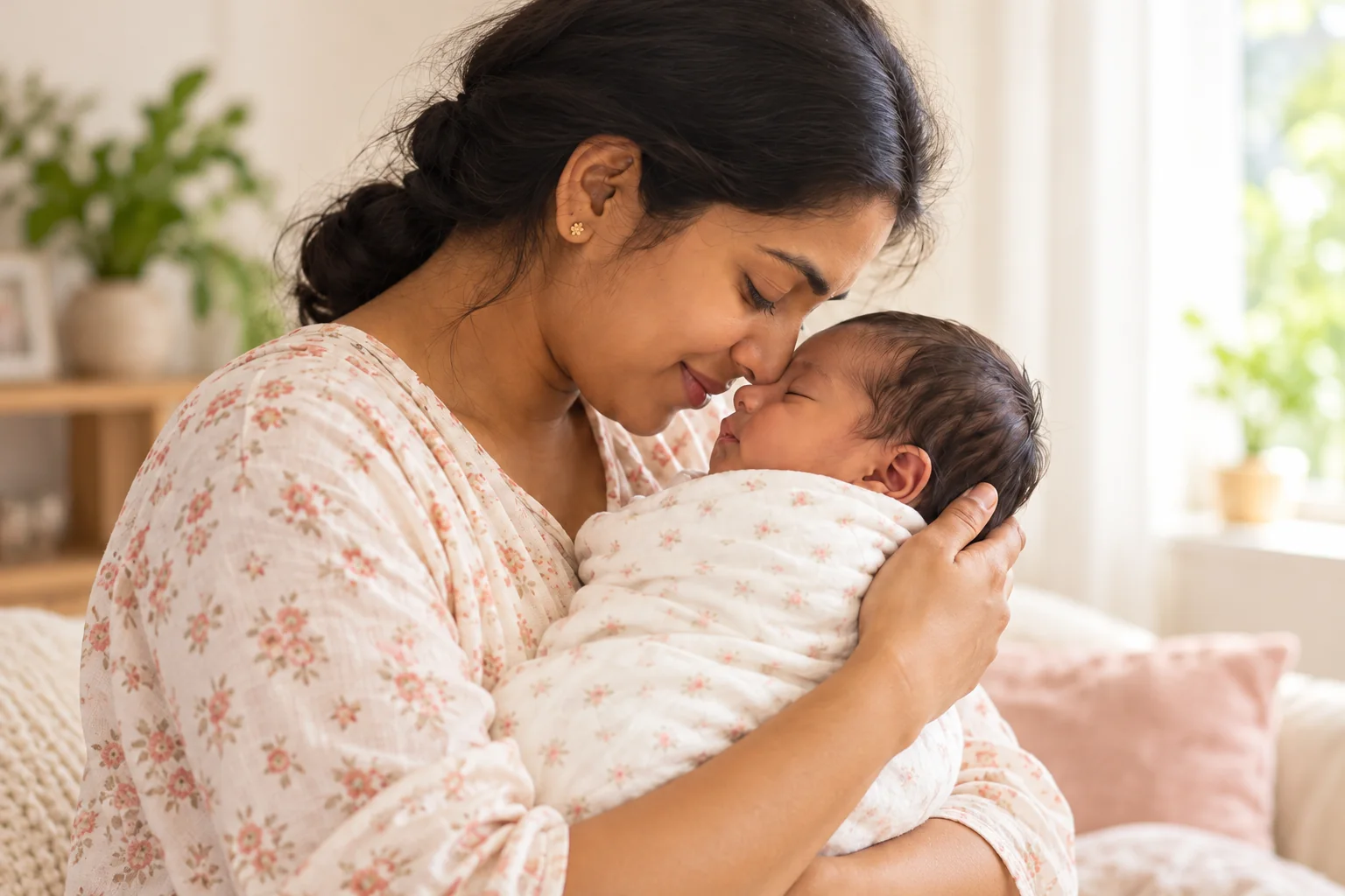 A mother gently holding her newborn